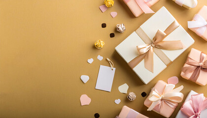 Wedding favor boxes arranged attractively with ribbons and decorative confetti against a simple background for a festive celebration or event