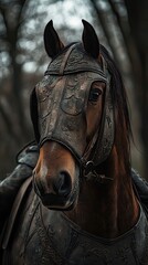 Dark Brown Horse Wearing Ornate Medieval Armor