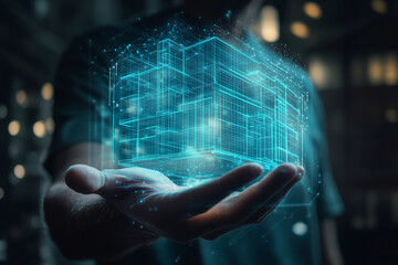 future forward architect holding glowing holographic building design, showcasing innovation and technology in architecture. scene is illuminated with futuristic ambiance