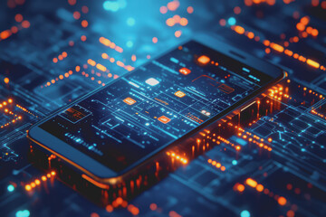 Fototapeta premium Modern smartphone design is placed on a blue background with a digital theme showing various icons.