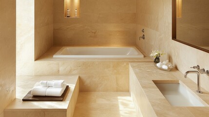 Overhead view of a sleek, beige bathroom with a stone double sink, elegant bathtub, and a mixer faucet, designed for modern living