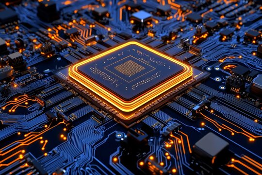 A colorful 3D illustration of a futuristic motherboard with a CPU at its center, connected by holographic circuits