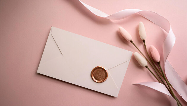 Elegant wedding invitation flatlay featuring wax seal and delicate floral accents on a soft pink background
