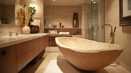 Upper perspective of a minimalistic beige bathroom with a stone double sink, large bathtub with a mixer faucet, and a serene, sleek atmosphere