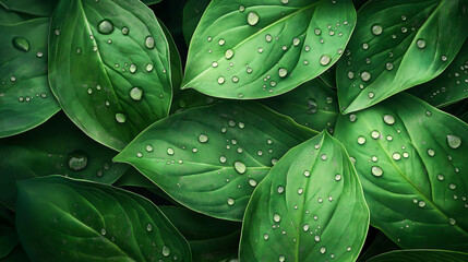 Fototapeta premium Close up of several fresh green leaves with visible water droplets