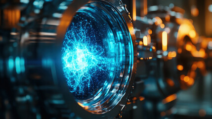 Nuclear fusion energy in reactor, bright blue glowing plasma in lab, quantum facility close-up. Theme of science, research, power, technology.