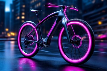 Fototapeta premium A cyberpunk-themed bicycle with neon-lit wheels and a sleek metallic design, racing through a dark futuristic city