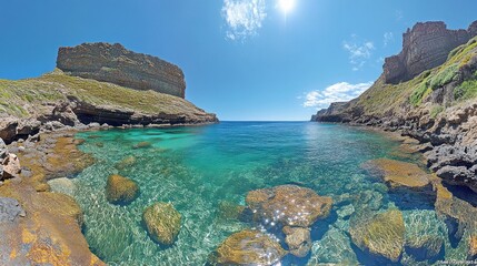 Obraz premium Crystal-clear lagoon nestled between volcanic cliffs under a vibrant, sunny sky. The turquoise water reveals the rocks below, creating a breathtaking scene.
