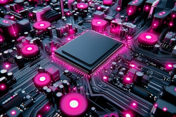 Fototapeta premium A detailed image of a circuit board with LED indicators glowing, highlighting the CPU and surrounding components