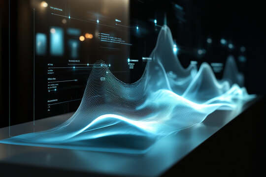 glowing holographic graph displaying timeline of data trends and analytics. futuristic design showcases smooth, flowing lines representing various metrics and insights