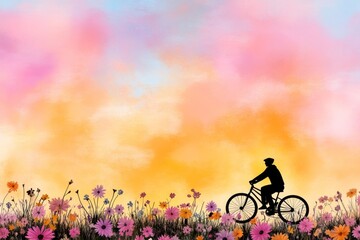 Naklejka premium A dreamy watercolor depiction of a cyclist riding through a field of wildflowers, with blurred pastel tones blending into the horizon