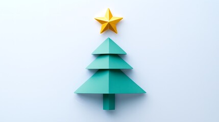 Flat teal geometric Christmas tree design with a golden star, set against a soft white backdrop.