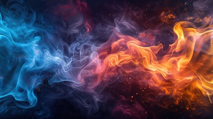 Fototapeta premium Abstract swirling smoke in blue and orange hues, creating a dynamic visual effect.