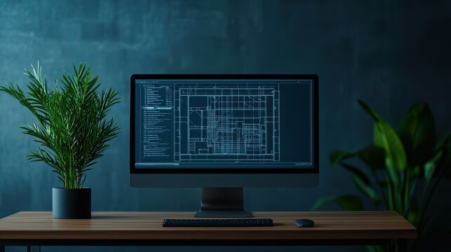 A modern workspace featuring a computer displaying blueprints, surrounded by lush greenery, against a textured blue wall.