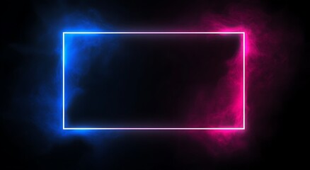 Square rectangle picture frame with two tone neon color motion graphic on isolated black background. Blue and pink light moveing for overlay element. 3D illustration rendering, Generative Ai

