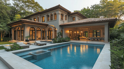 Luxurious Outdoor Pool Area of a Stunning Mediterranean-Style Home