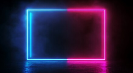 Square rectangle picture frame with two tone neon color motion graphic on isolated black background. Blue and pink light moveing for overlay element. 3D illustration rendering, Generative Ai
