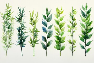 Obraz premium A collection of watercolor-painted green leaves arranged in a row.