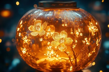 A beautifully crafted illuminated lantern featuring floral designs, creating a warm ambiance.