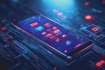 Fototapeta premium Modern smartphone design is placed on a blue background with a digital theme showing various icons.