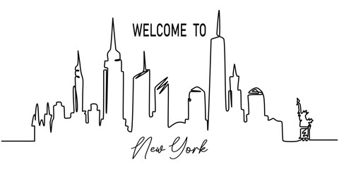 Naklejka premium illustration of a city, One line style New York City skyline. Simple modern minimaistic style vector, New York Skyline, Modern cityscape continuous one line vector drawing. Metropolis architecture.