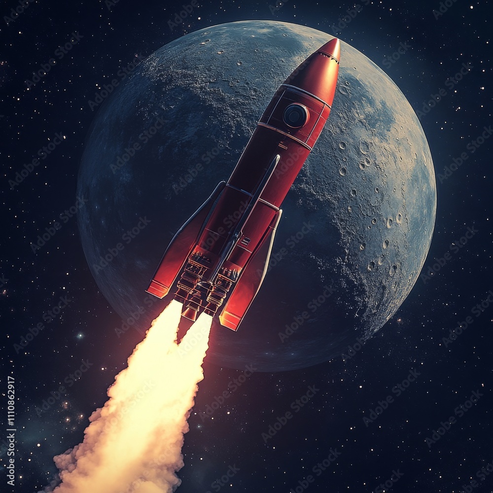 Aufkleber Rocket Paper Art red Vector and illustration flying rocket.Space travel to the moon.Space rocket launch.Project start up Solar System and text space