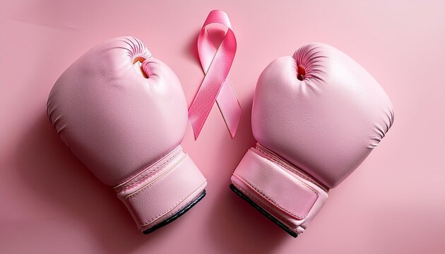 Pink boxing gloves with a pink ribbon highlight breast cancer awareness and strength against