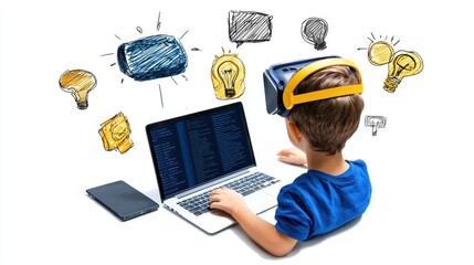 Child engaged in virtual reality learning home study space digital content creation indoor environment creative perspective