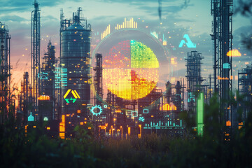 futuristic industrial landscape featuring holographic pie charts and digital displays, showcasing advanced technology and data visualization in vibrant sunset setting