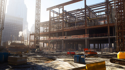 Naklejka premium A large building construction site, Steel structural forming the framework of the building. The construction process 