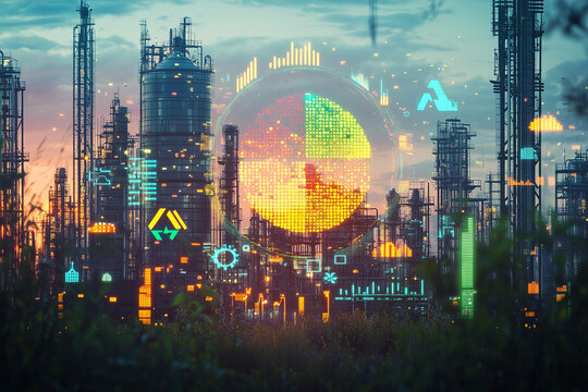 futuristic industrial landscape featuring holographic pie charts and digital displays, showcasing advanced technology and data visualization in vibrant sunset setting - Powered by Adobe