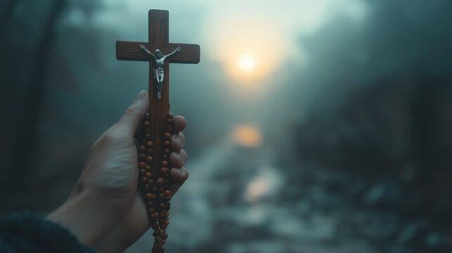 Wooden cross with rosary held against a misty sunrise, symbolizing faith, hope, and spirituality, ideal for religious content, Easter visuals, and inspirational themes in soft serene tones