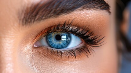 Obraz premium Close-up of a striking blue eye with detailed eyelashes and skin texture.