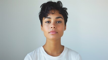 A young woman with short black hair wearing a white shirt, looking directly at the camera against a clean white background with a minimalist aesthetic