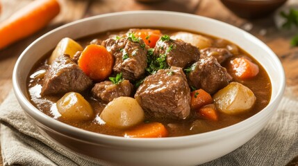 Photo of, A bowl of hearty beef stew filled with tender chunks of meat and root vegetables, Stew in bowl