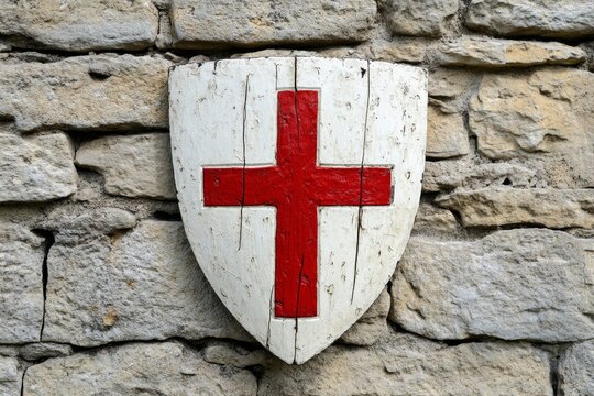 A medieval knight shield featuring a bold red cross, propped up against a stone wall