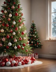 A beautifully lit Christmas tree with red and white ornaments and greenery, winter wonderland, Christmas tree with red and white ornaments