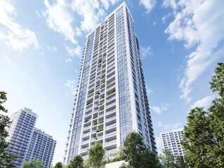 Modern residential skyscraper with white balconies, surrounded by greenery and Cityscape, bright sunny day with blue sky and clouds, luxury urban living, real estate architecture.