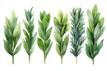 Obraz premium A watercolor illustration of various green leaves arranged in a row.