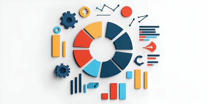 A colorful pie chart surrounded by various data visualization elements, representing analytics and statistics in a modern design.