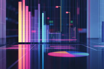 Colorful holographic bar graphs and pie charts display data trends in modern digital environment, showcasing vibrant colors and dynamic visuals