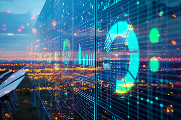 Data visualization with holographic pie charts and bar graphs showcasing vibrant city lights at dusk, reflecting modern technology and analytics