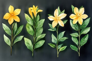 Obraz premium Illustration of four yellow flowers with green leaves on a dark background.