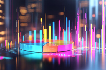 Colorful holographic pie charts and bar graphs in modern cityscape