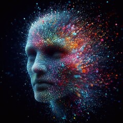 Fototapeta premium Human face dissolving into colorful particles, symbolizing the fusion of humanity and technology