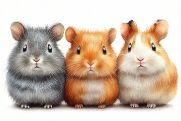 Obraz premium Three adorable guinea pigs with fluffy fur, showcasing their cute expressions.