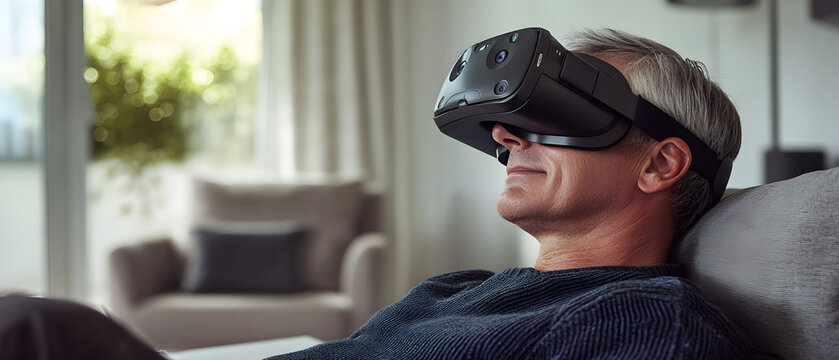 Relaxed Senior Man Experiencing Immersive Virtual Reality at Home