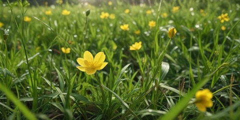 Obraz premium A bright yellow buttercup peeking through the blades of grass in a lush meadow, landscape, meadow