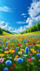 Obraz premium Vibrant wildflower meadow under a clear blue sky