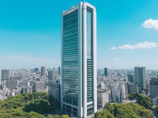 Fototapeta premium A high-quality photo of a modern high-rise apartment building, featuring balconies against a bright blue sky with white clouds and greenery on the balconies.